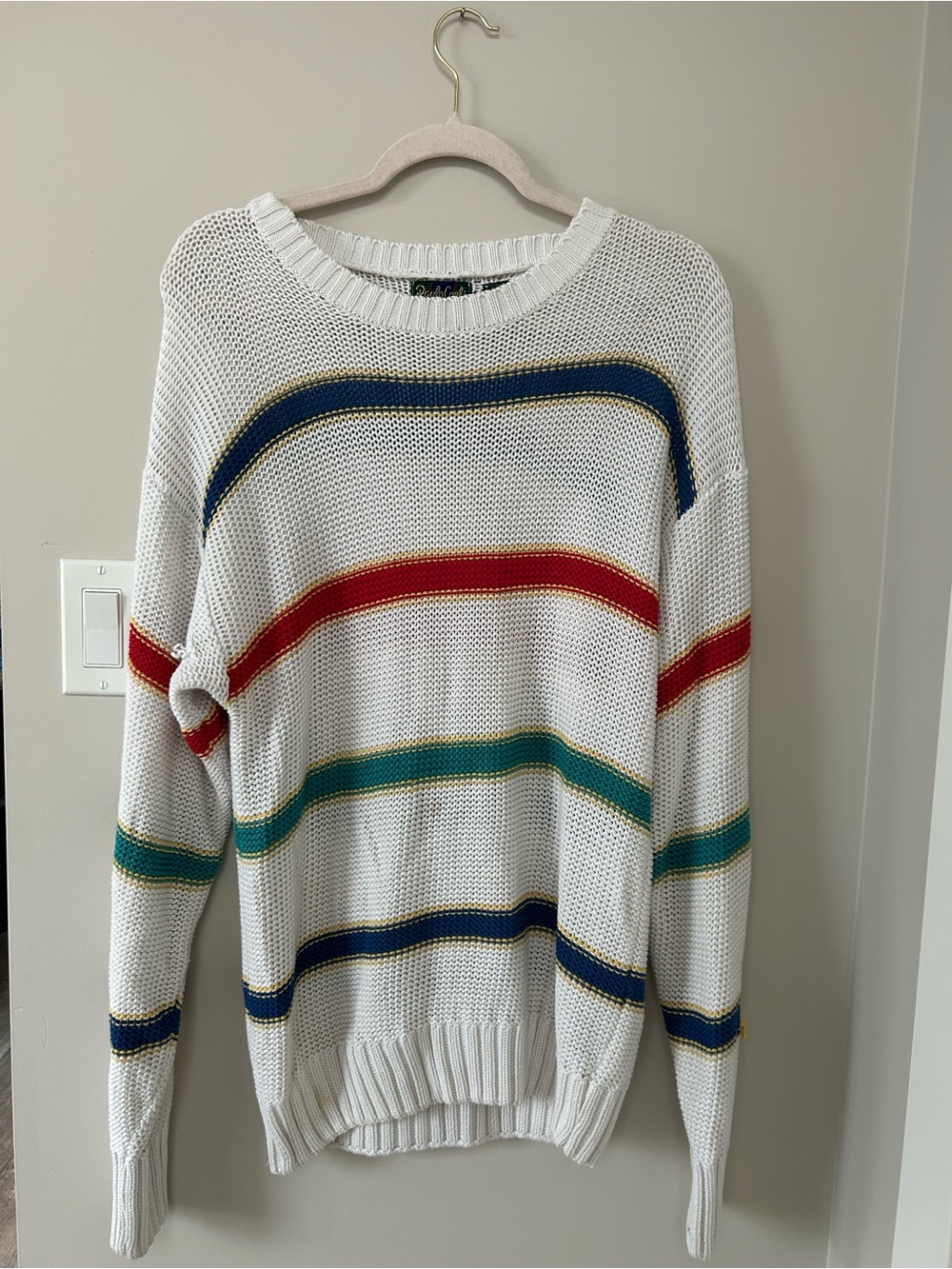 Vintage 90s White Striped Knit Sweater with Multicolor Bands